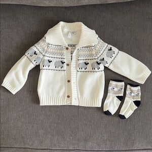 Janie and Jack Cream Cardigan and Socks Set with Sheep Pattern 6-12 months